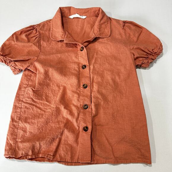 DownEast Women Button Up Shirt XS Coral Pink Linen Rayon Short Sleeve Minimalist - Picture 1 of 7